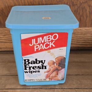 Vintage Scott Baby Fresh Wipes Plastic Container 1975 Jumbo Pack Blue Plastic